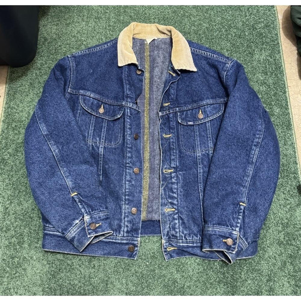 Vtg Lee Storm Rider Jacket Mens Large Blue Denim Blanket Lined Corduroy Collar